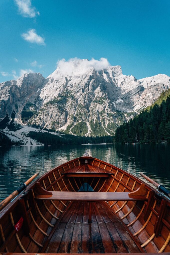 boat, nature, lake, mountains, snow, italy, dolomites, alps, landscape