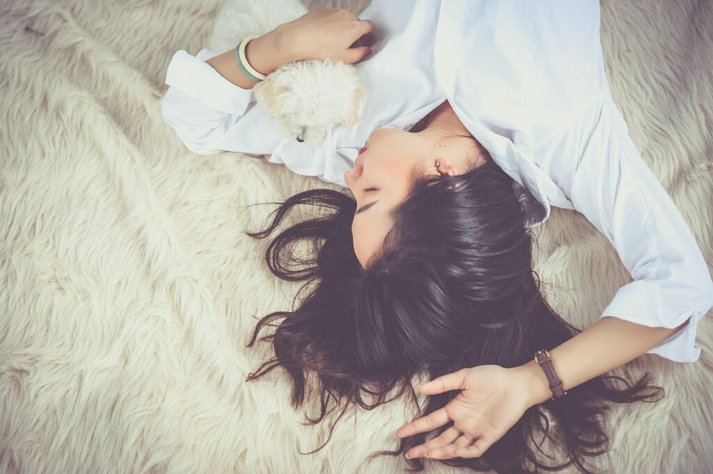 girl, sleep, lying down, dog, pet, owner, asian, asian woman, young woman, upside down, asleep, sleeping, sleeping woman, female, animal, woman, dreaming, portrait, resting, relax, dream