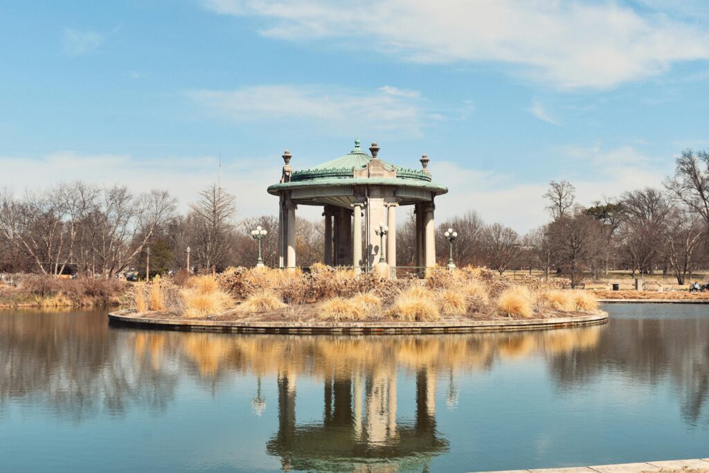 Nathan Frank Bandstand reflected in Pagoda Lake at Forest Park, St. Louis, MO.